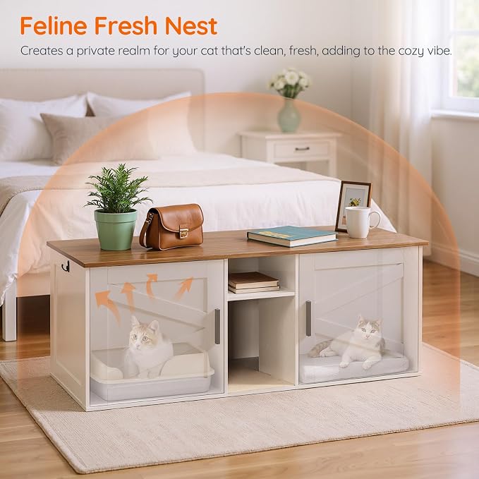 HOOBRO Double Litter Box Enclosure, Modern Cat Litter Box Furniture with Storage and Mat Design, Farmhouse Hidden Litter Box Enclosure with 2 Hooks, White and Walnut WH23MW01 - Image 3