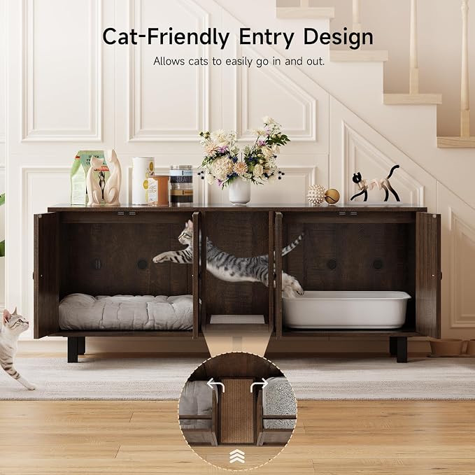 ONBRILL 59 Inches Cat Litter Box Enclosure for 2 Cats, Hidden Litter Boxes Furniture with Cat Scratch Pad, Large Indoor Pet House with Double Room, Wooden TV Stand Side Table, Brown - Image 4