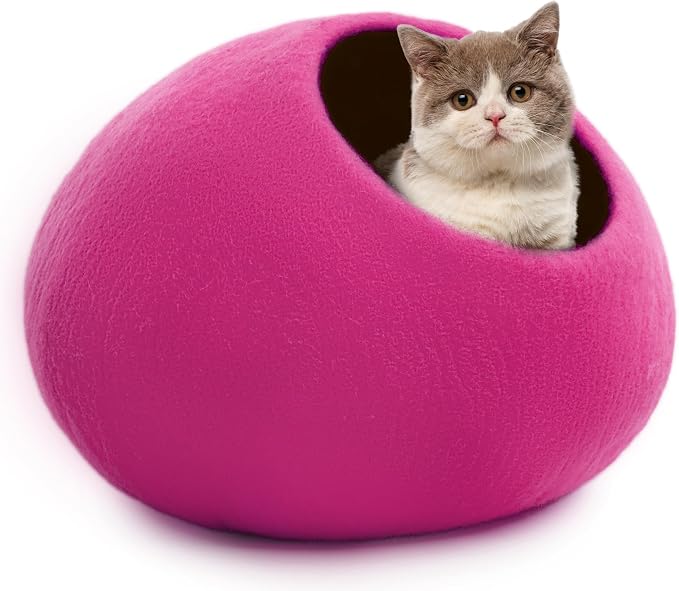 Woolygon Premium Felt Cat Cave Bed – Wool Kitty Beds Handcrafted Kitten Caves Bed for Indoor Cats - Made from Merino Wool, Foldable Cat Hideaway Covered Cat House Pod (Pink Plain) by Woolygon