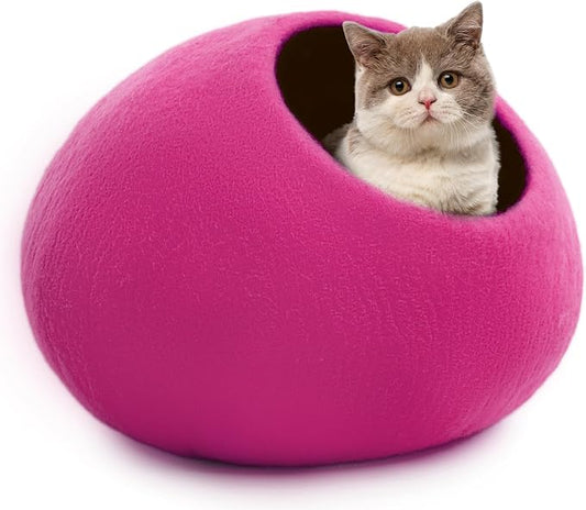 Woolygon Premium Felt Cat Cave Bed – Wool Kitty Beds Handcrafted Kitten Caves Bed for Indoor Cats - Made from Merino Wool, Foldable Cat Hideaway Covered Cat House Pod (Pink Plain) by Woolygon