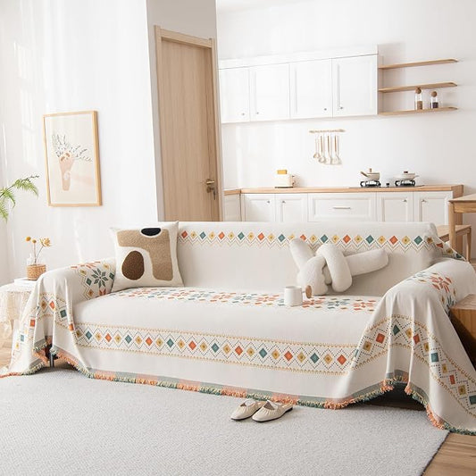 Beige Boho Couch Cover Chenille Sofa Cover Blanket Washable, Large 71"x118" | Bohemian Style Furniture Protector, For 2 Cushion Couch & Sectional, Living Room Sofa Decor, Geometric Jacquard, Tassel Trim by DREAMINGO