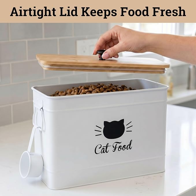 Metal Cat Food Container with Scoop, 15lb (50 Cup) w/ Airtight Bamboo Lid | 15 lb / 50 Cup Capacity, 1 Cup Metal Scoop, Durable Powder Coated Iron Body, Rubber Lined Bamboo Lid, Sturdy Metal Handles - Image 4