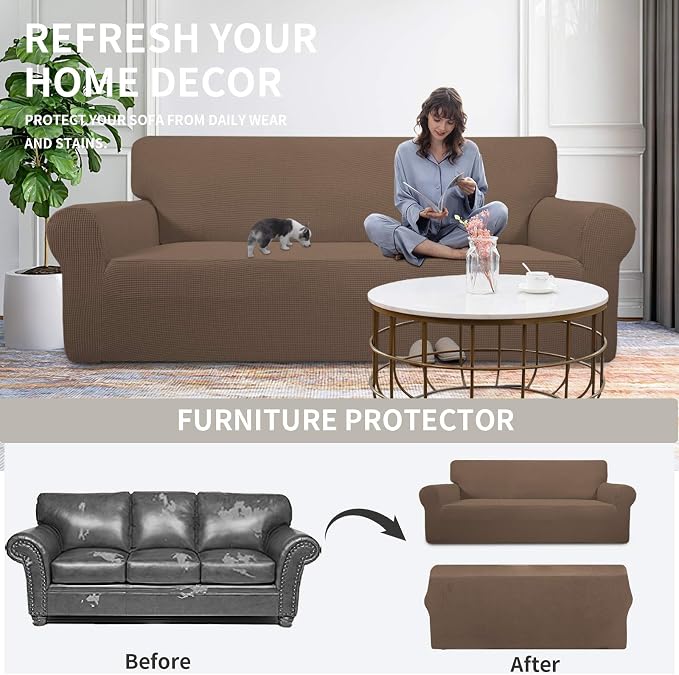 Easy-Going Stretch Oversized Loveseat Couch Covers Washable Brown | 1-Piece Large Loveseat Cover for 2 Cushion Couch Furniture Protector RV Sofa Slipcover Soft with Bottom for Kids Pets - Image 4