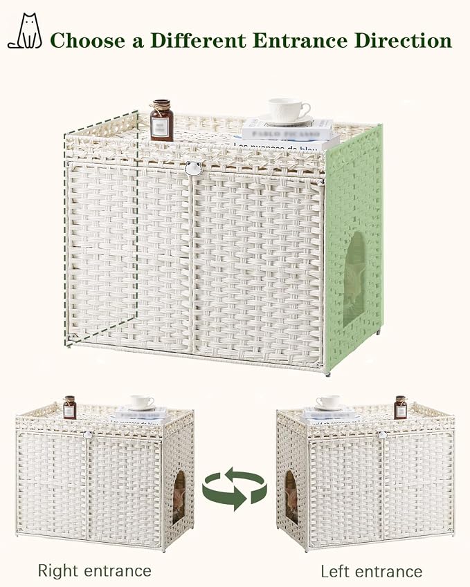 SETVSON Cat Litter Box Enclosure Furniture, Handwoven Rattan Hidden Litter Box with Mat, Large Space Cat House with 2 S-Shaped Hooks 30.3 x 18.3 x 24.4 Inches, Indoor for Living Room Apartment White - Image 6