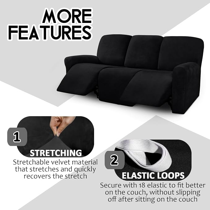 ULTICOR Velvet 8-Pieces Recliner Sofa Covers Stretch Reclining Couch Covers for 3 Cushion Reclining Sofa Slipcovers Furniture Covers Thick Soft Washable (3 Seater Recliner Cover, Black) - Image 4