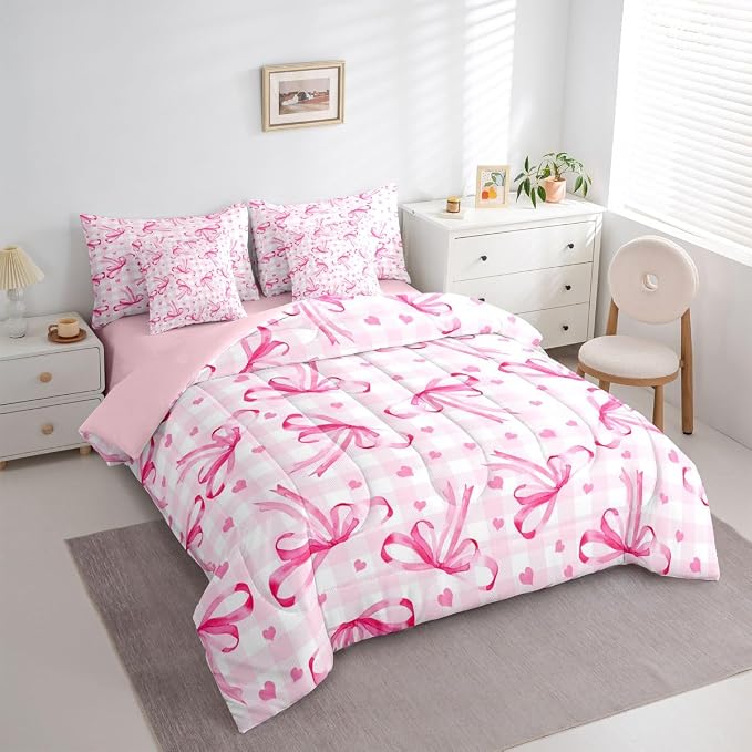Erosebridal Pink Bow 7 Piece Comforter Set King Bowknot Ribbon Bedding Set for Girls Coquette Room Decor Plaid Grid Heart Pattern Bed in A Bag Bowtie Princess Soft Cozy Sheet Set with Comforter - Image 3