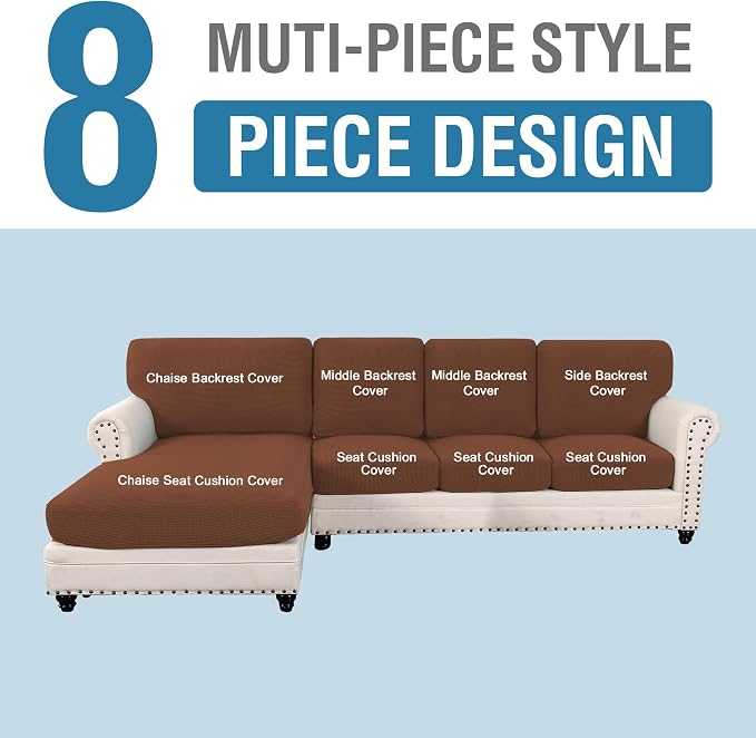H.VERSAILTEX Sectional Couch Covers 8 Pieces Stretch Sofa Covers for Sectional Sofa Set Separate L Shaped Couch Cover for Both Left/Right Couch (Seat and Back: 1 Chaise + 3 Sofa, Caramel) - Image 2