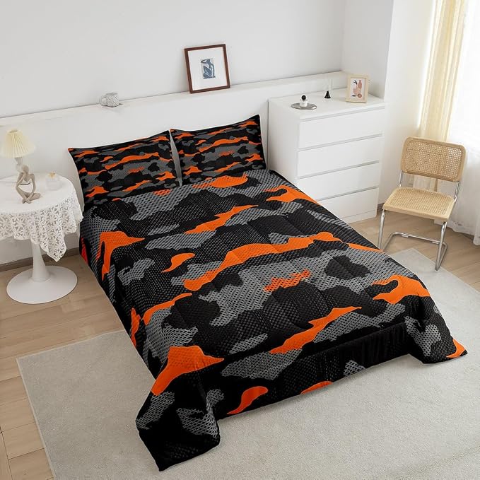 Erosebridal Army Camouflage Comforter Set King Size Teens Adult Camo Bedding Set for Kids Boys Girls Colorful Pattern Decor Down Comforter Orange Black Grey Duvet Set Geometric Pattern Quilt Set - Image 4