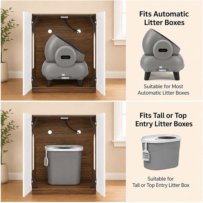 unipaws Cat Litter Box Enclosure for Self-Cleaning & Automatic Litter Boxes | Extra Large Cabinet with Charging Station, Wooden Dog Proof Hidden Cat House for Top Entry Litter Box - Image 2