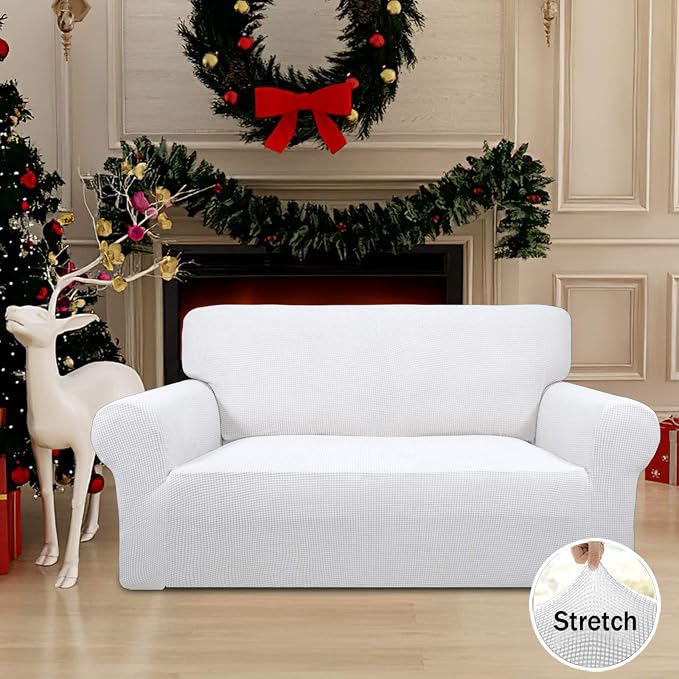 Easy-Going Stretch Loveseat Couch Covers Washable Snow White | 1-Piece Loveseat Covers for 2 Cushion Couch Furniture Protector RV Sofa Slipcover Soft with Bottom for Kids Pets - Image 2