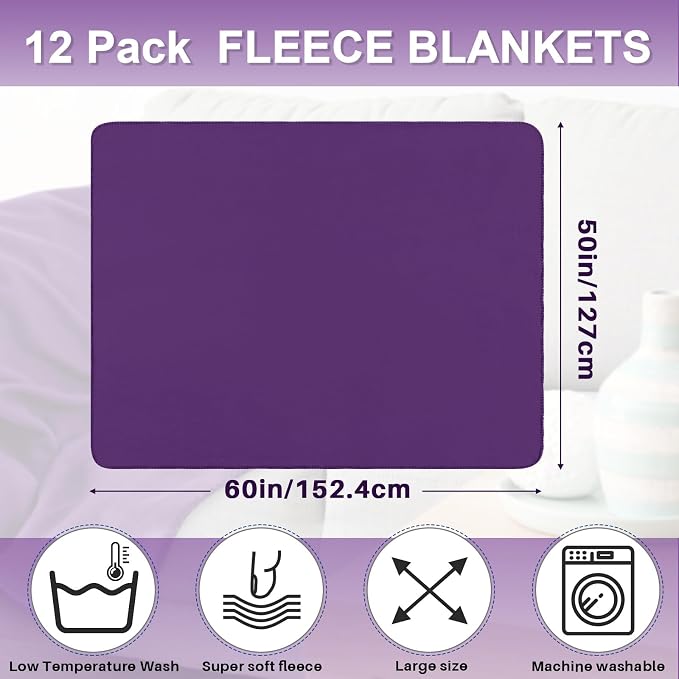 Newwiee 12 Pcs Bulk Fleece Throw Blankets 50'' x 60'' Oeko-tex Standard 100 Certified for Outdoor Wedding Guest Blankets Donation Homeless Sleepover Lap Pet Sofa, All Seasons Use (Purple) - Image 2