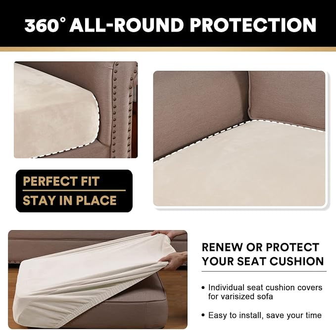 PrinceDeco Sectional Couch Cushion Covers 3 Pieces Velvet Separate Couch Cover Extra Large Stretch Sofa Slipcover Washable Furniture Protector for Sectional Sofa(Each Width Up to 40", Ivory) - Image 7