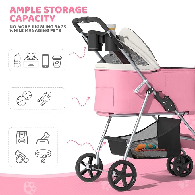 Magshion Foldable Pet Stroller, 3-in-1 Dog Travel Jogger with Detachable Carrier, Cup Holder, Storage Basket, Folding Carrier for Small/Medium Dogs & Cats Up to 33 lbs, Pink