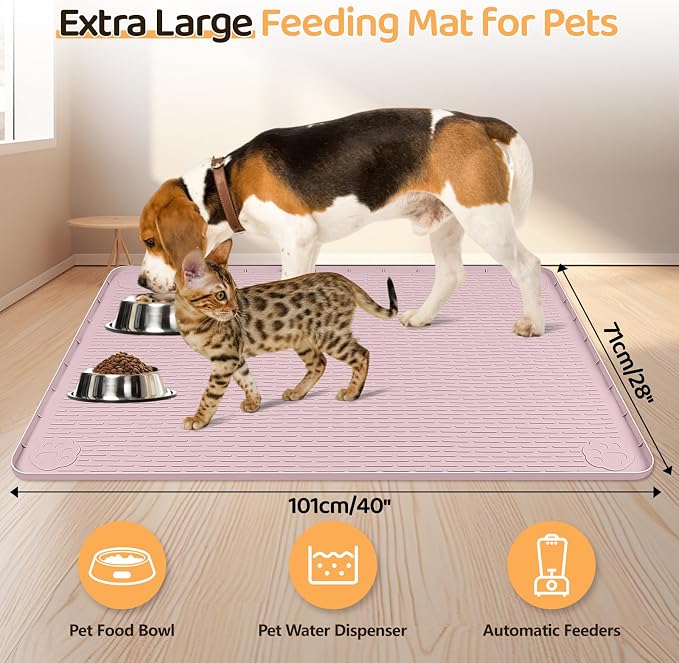 Dog Food Mat 40''x28'' Extra Large Dog Mat for Food and Water, Pink | Silicone Dog Bowl Mat with Raised Edge, Waterproof Non-Slip Pet Feeding Mat for Floors, fit for Dog Cat Bowls - Image 2