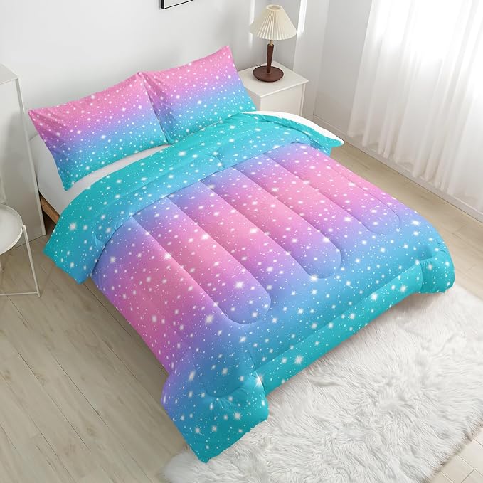 Nttopship Colorful Rainbow Comforter Sets King Size for Girls,Pink Blue Gradient Comforter Sets All Season 1 Comforter and 2 Pillowcases - Image 3