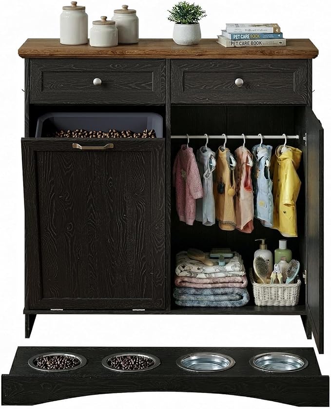 Furnaza Pet Feeding Station with 4 Bowls,Dual Doors Dog Cabinet Storage | Black 39.7"W Dual Doors Pet feeding station with storage for dogs and cats, Pet Food Storage for Kitchen, Living Room by Furnaza