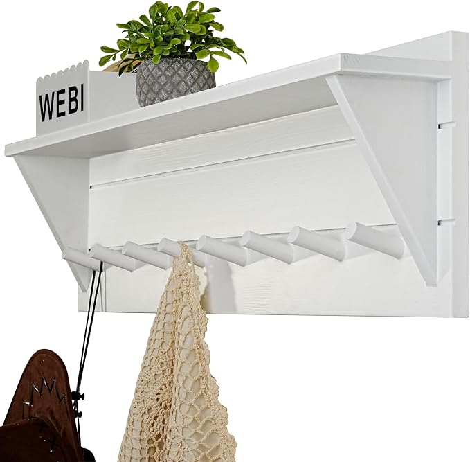WEBI Coat Rack Wall Mount with Shelf,8 Peg Hooks,34" Long Entryway Wall Shelf with Hooks Underneath for Hanging Coats,Caps,Jacket,Clothes,White by WEBI