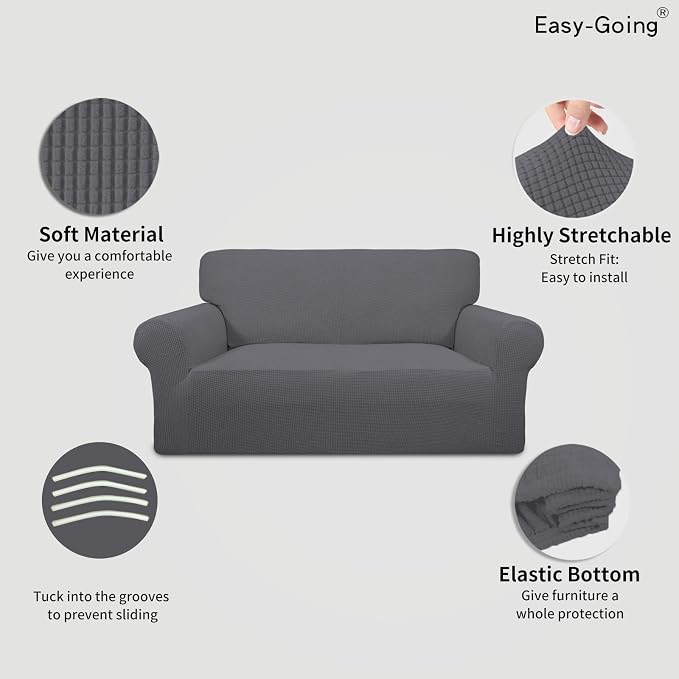 Easy-Going Stretch Loveseat Couch Covers Washable Grey | 1-Piece Loveseat Covers for 2 Cushion Couch Furniture Protector RV Sofa Slipcover Soft with Bottom for Kids Pets - Image 3
