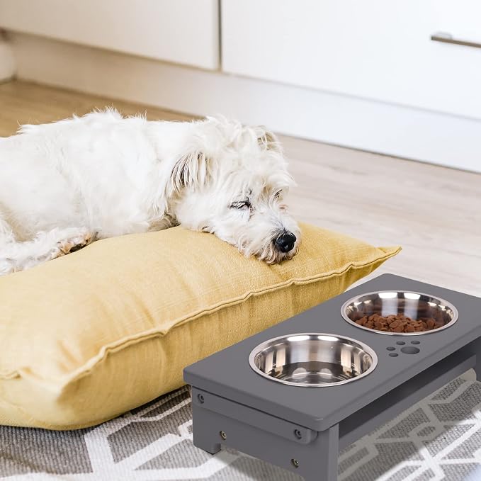 HTB Elevated Dog Bowl Stand with 2 Stainless Steel Bowls-4" H Small Grey | Raised Dog Bowl Stand, 4"tall, 21 Oz Bowls, for Small Sized Dogs, Pet-safe, Solid Bamboo - Image 8
