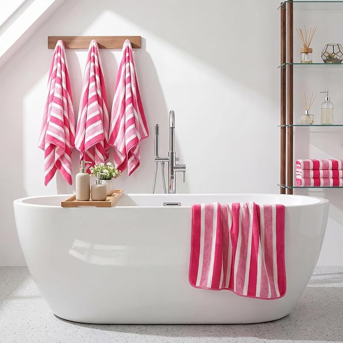 SmoothNovelty 16 Pack Microfiber Bath Towels Bulk 27'' x 60'' Oversized Size Bath Towel Highly Absorbent Extra Large Soft Drying for Beach Shower Summer Salon Sport Gym Party (Wide Stripes,Pink) - Image 5