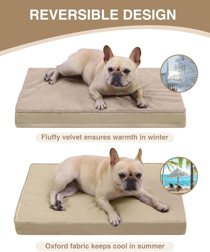 KSIIA Orthopedic Dog Bed for Small Dogs with Waterproof Lining, Khaki,23x17 | Deluxe Soft Plush Dog Crate Bed, Washable Pet Mat with Removable Cover & Egg Crate Foam for Small Dogs Sleeping & Relaxing - Image 4