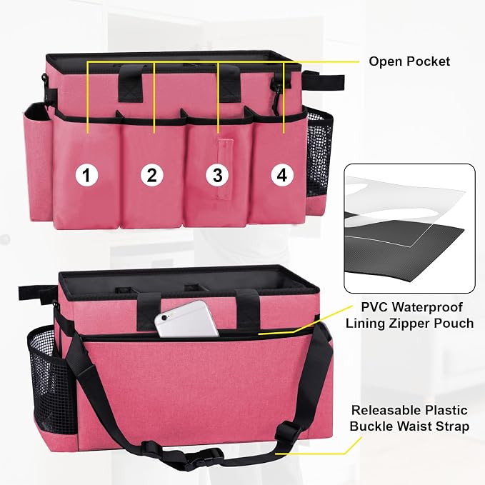 Wearable Large Cleaning Caddy Bag for Housekeeper, Clean Supply Organizer with Adjustable Shoulder, Waist & Handle Straps, Detailing Bag for Kitchen Supplies (Rosered) - Image 3