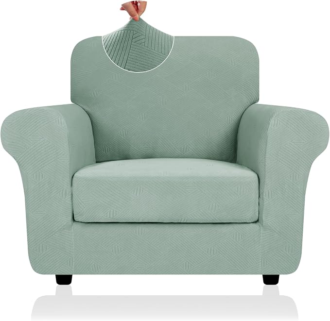ZNSAYOTX 2 Piece Stretch Chair Covers (31"-46"), Thick Striped Armchair Slipcover with Elastic Band Bottom Ties Non-Slip Stay in Place, Soft Durable Arm Chair Covers for Living Room, Pea Green by ZNSAYOTX