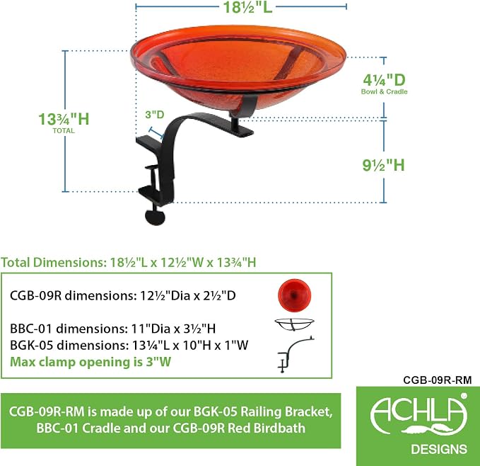 Achla Designs CGB-09R-RM 12 Inch Red Crackle Rail Mount Bracket Birdbath - Image 2