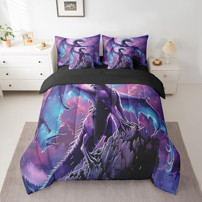 Erosebridal Dragon Queen Bedding Set - Purple Galaxy Bed in A Bag,3D Dragon Comforter Sets with Sheets, Jungle Wildlife 7 Pieces Bed Set Bedroom Decor - Image 2
