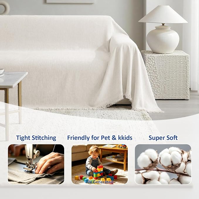 Chenille Couch Cover for Dogs, Boho Sofa Cover Washable Couch Cover, 3 Cushion Sofa Cover, Pet Throw Blankets for Couches with Tassel Furniture Protector Covers,71"×118",Beige White - Image 6
