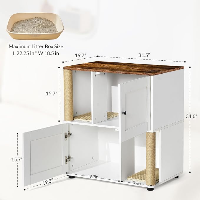 Yafylly Double Litter Box Enclosure for 2 Cats, 2-Tier Cat Litter Box Furniture with Scratching Posts & Litter Mat, Hidden Cat Litter Cabinet, Space Saving Vertical Design, Fits Most Litter Boxes - Image 2