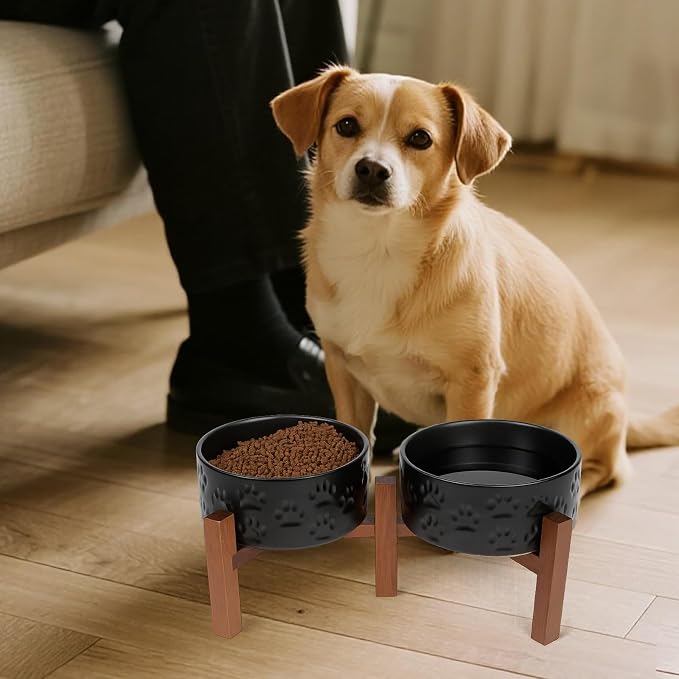 SPUNKYJUNKY Ceramic Elevated Dog Bowl Set with Acacia Wood Stand for Food and Water for Small Medium Sized Dogs (28.74 OZ, Black, Dog Paw Pattern) - Image 7