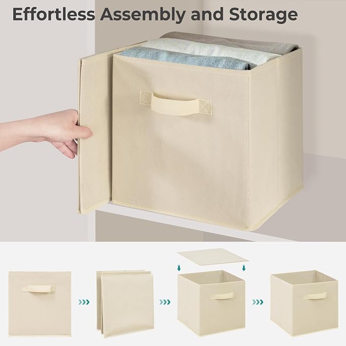 11 Inch Fabric Storage Cubes, Sturdy Foldable Storage Bins, Heavy Duty Cube Organizer for Clothes, Blankets, Shelves, Closets, Bedroom, Living Room, Beige, 10 Pack - Image 4