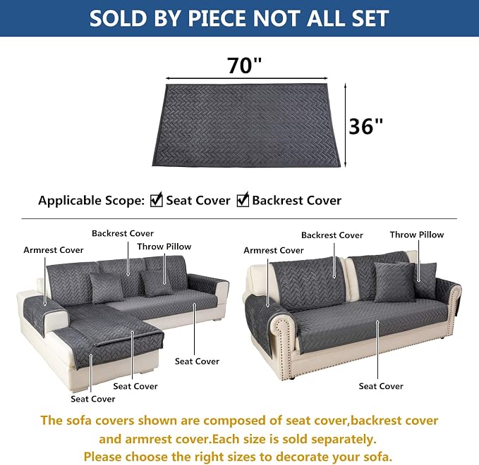 Eismodra Couch Cover,Sectional Couch Covers,Sofa Covers for 3 Cushion Couch,Anti-Slip Sofa Slipcovers for Dogs Cats Kids Loveseat Recliner L Shaped Armrest Backrest,Dark Gray 36''x70''(Only 1 Piece) - Image 5