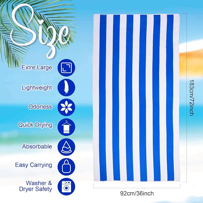 EBOOT 10 Pack Oversized Beach Towel Set Extra Large Pool Towels Microfiber Quick Dry Swim Blanket for Adult Women Men Face Hand Body Bath Travel Pool(Bright Color,36 x 72 Inch,Cabana Stripe) - Image 2
