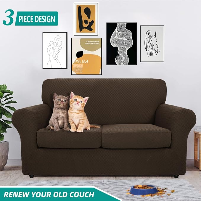 YEMYHOM Latest Checkered 3 Pieces Couch Covers for 2 Cushion Couch High Stretch Thickened Love Seat Sofa Cover for Dogs Pets Elastic Loveseat Slipcover Protector (Dark Coffee), 55"-69"(2 Cushions) - Image 2