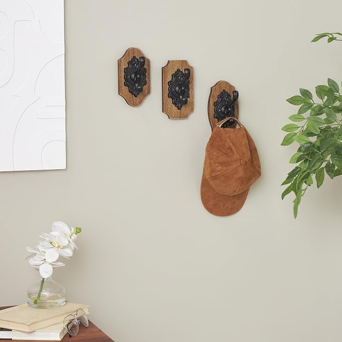 Deco 79 Wooden Fleur De Lis Vintage Inspired Wall Hook with Black Metal Hooks and Curved Edges, Set of 3 4" W, 6" H, Brown - Image 2
