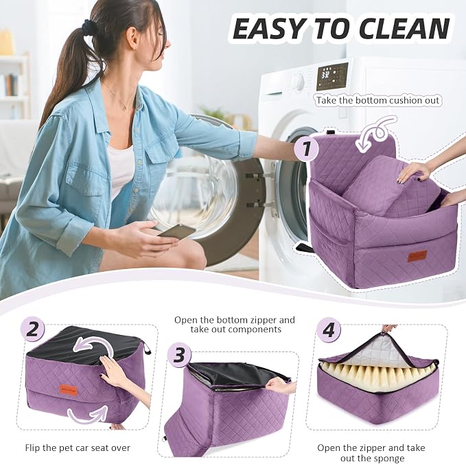 HEGGCOOE Small Dog Car Seat, Memory Foam Dog Booster Seats with Thick Cushion for Medium Dogs Under 35lbs, Detachable Washable Pet Car Seat Bed with Storage Pockets,2 Safety Belts Purple - Image 6
