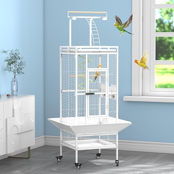 Erinnyees 61 Inch Wrought Iron Large Bird Cage with Rolling Stand, Heavy-Duty Parakeet Cage with Pull-Out Tray and Wheels, Birdcage for Parrots, Cockatiels, Budgies, Lovebirds, Macaws (White) by Erinnyees