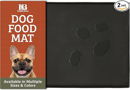 Leash Boss Dog Food Mat - 2-Pack, Waterproof Cat & Dog Bowl Mat for Food and Water, Silicone Pet Feeding Mats for Floors, Non-Slip Placemat with High Edges, Puppy Essentials (Small: 18"x11", Black) by LeashBoss