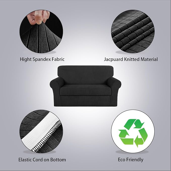 Loveseat Cover Stretching Skid Resistance Couch Cover for Pets Washable, Thick and Durable Soft High Spandex Striped Pattern Sofa Covers, Form Fitted Love Seat Slipcover(Loveseat, Black) - Image 2
