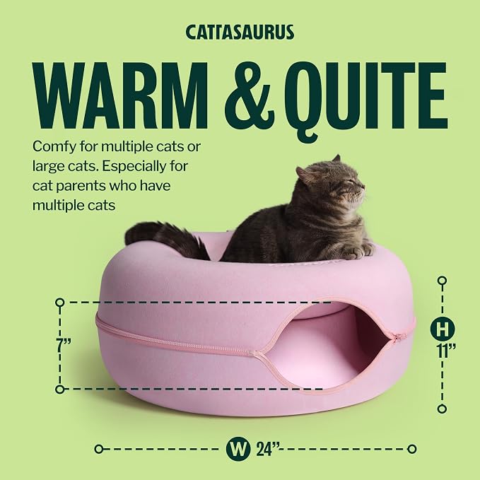 Cattasaurus Peekaboo Cat Cave Donut for Multiple & Large Cats up to 30-45 lbs, 3-in-1 Self Warming Cat Bed, Tunnel & Scratcher for Indoor Cats, Washable & Detachable Small Dog Bed (Pink, Large) - Image 3