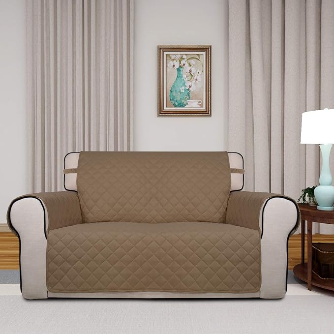 PureFit Reversible Quilted Sofa Cover, Water Resistant Medium Slipcover Furniture Protector, Washable Couch Cover with Non Slip Foam and Elastic Straps for Kids, Dogs, Pets (Loveseat, Camel/Ivory) | Camel/Ivory, Water Resistant Couch Protector, Washabl... - Image 2