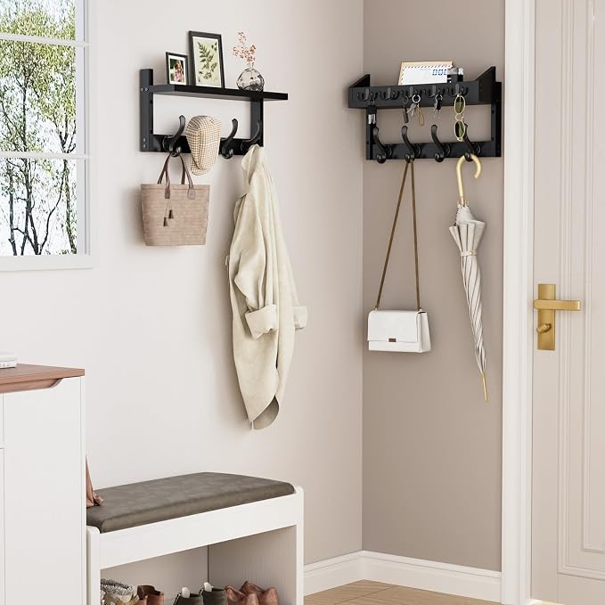 Evermagin 35" Coat Rack Wall Mount with Shelf & 13 Hooks, Entryway, Black | 4-in-1: coat hooks, key hanger, mail holder & display shelf. Pine wood. For bedroom, hallway, mudroom, livingroom - Image 3