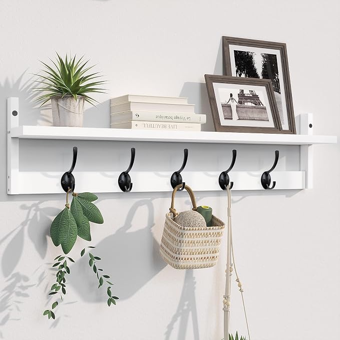 BAMEOS Wall-Mounted Wood Shelf with 5 Dual Hooks for Bathroom, Living Room, Bedroom (White-with Shelf) by BAMEOS
