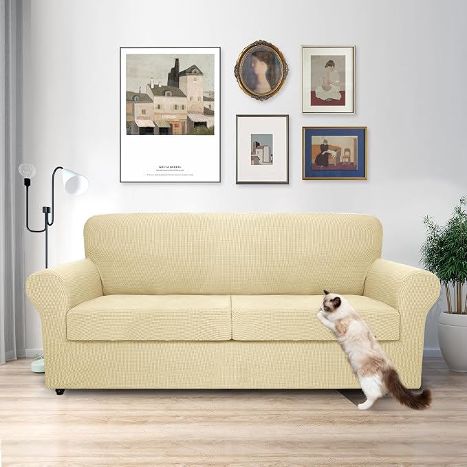 MAXIJIN 3 Piece Couch Covers for 2 Cushion Couch Super Stretch loveseat Sofa Cover for Dogs Pet Proof Furniture Protector Non Slip Couch Slipcover Washable (Beige, 71"-91"(2 Cushions)) - Image 2