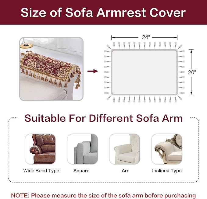 Loom and Mill Luxury Jacquard Sofa Arm Covers 2 PCS, Burgundy Red, 20x24in | Elegant Damask Couch Armrest Cover with Tassels, Non-Slip Furniture Protector for Chair Sofa Recliners Couch Dogs Pets - Image 3