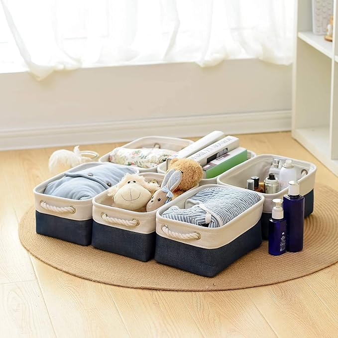 TheWarmHome Storage Basket for Organizing - Small 12x8x5.2 inch 6 Pack Collapsible Storage Bin for Shelves, Canves Storage Cubes for Organizer Cloth Box Gift Toys Closet (White & Jean Blue) - Image 4