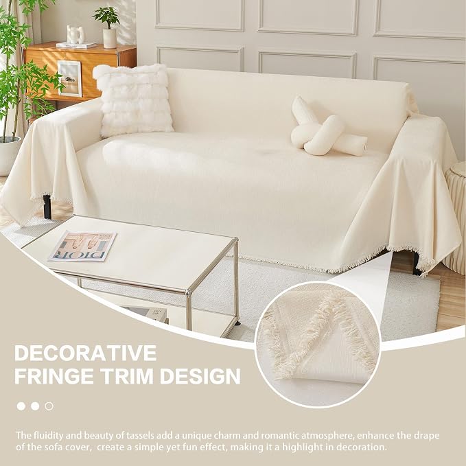 DREAMINGO Sofa Covers Washable Thick Chenille Couch Cover for 2 Cushion Couch Sofa Multi-Use Couch Cover Blanket Modern Pet Furniture Protector Sectional Couch Slipcover 71"x118", Beige White - Image 5