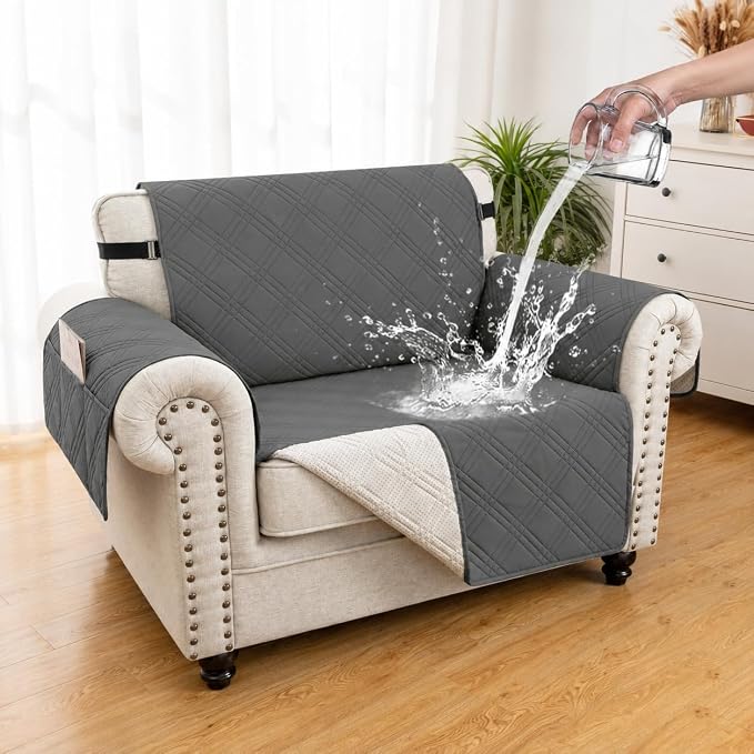 100% Waterproof Couch Cover for Dogs, Anti-Slip Washable Sofa Cover with Elastic Straps & Side Pockets, Durable Furniture Protector for Kids, Pets & Dogs (Armchair 23", Darkgrey) by Unknown